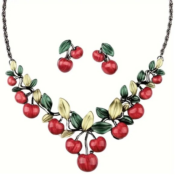 Vintage Retro Style Red Cherry Necklace & Earrings Set Cute Fruit Charm Chain - Picture 2 of 7